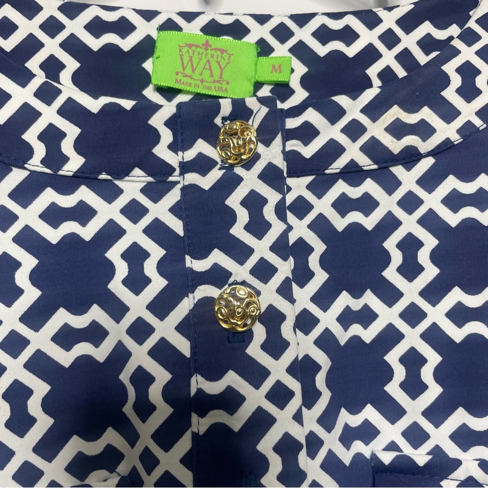 Katherine Way Blue White Sailor Core Dress M Gold Buttons USA - Picture 4 of 9